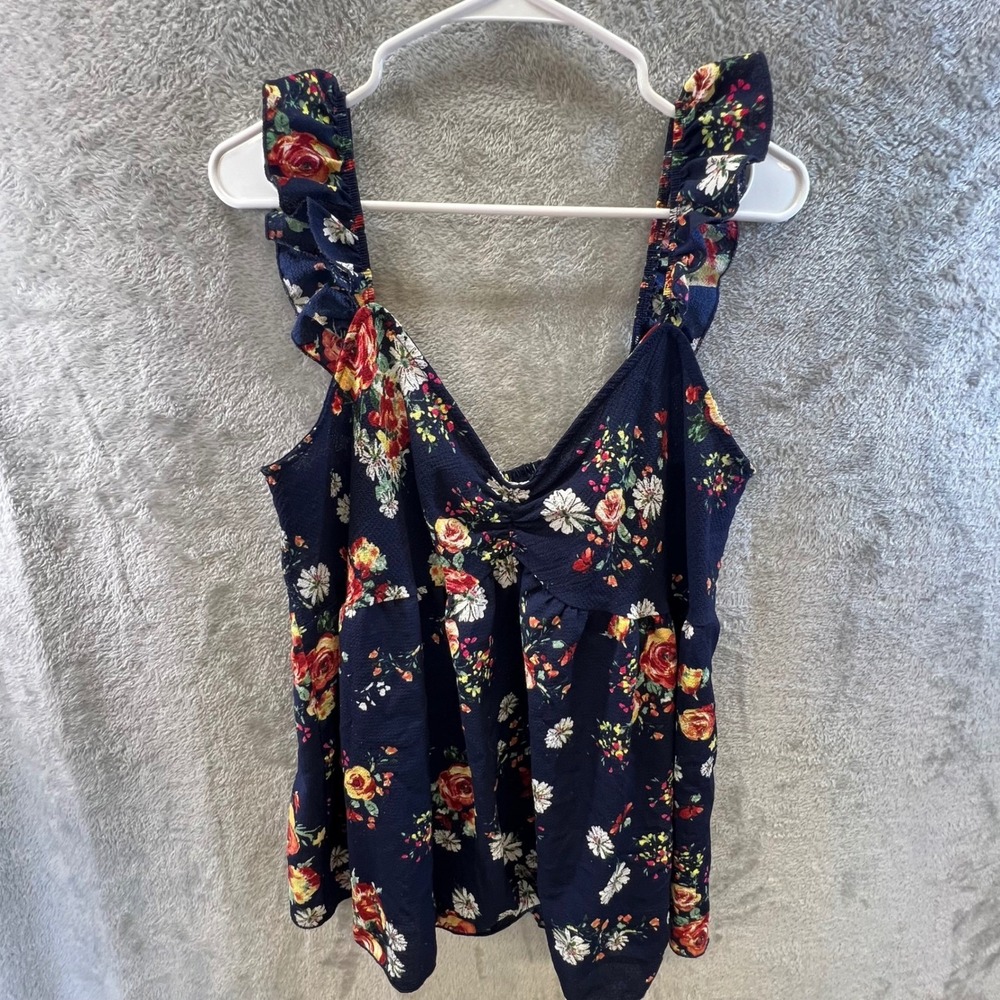 Timing 2X Navy Blue Floral‎ Ruffle Strap Smocked Boho Cottagecore Romantic